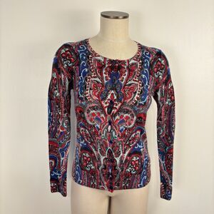 Talbots Womens XS Abstract Paisley Red Blue 100% Merino Wool Cardigan Sweater
